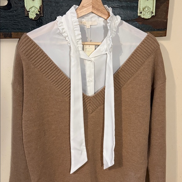 Maje Mirelle Camel Mock Layered Blouse and Wool V-Neck Sweater Pullover Size 2 - Picture 3 of 16